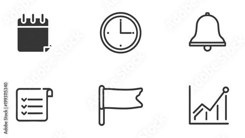 Iconic Essentials: A collection of meticulously crafted icons represents a set of essential themes related to business, scheduling, and progress, suitable for various design projects.