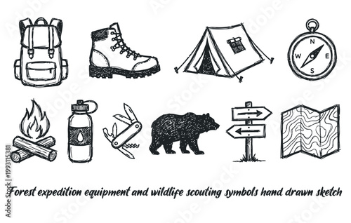 Forest expedition equipment and wildlife scouting symbols hand drawn sketch