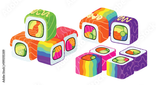 Colorful rainbow sushi rolls and maki set illustration.