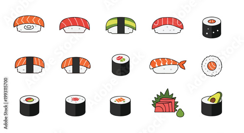 Set of colorful hand drawn sushi rolls and nigiri icons.