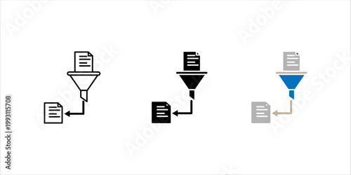 Minimal outline icon set. of funnel filtering documents representing data processing, sorting, and organization.