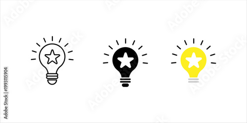 Outline icon set. of glowing lightbulb representing idea, innovation, inspiration, and creative thinking.