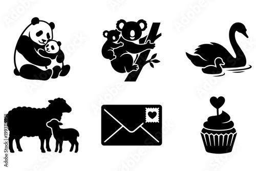 Cute animals and food icons on white background with heart symbols and mail