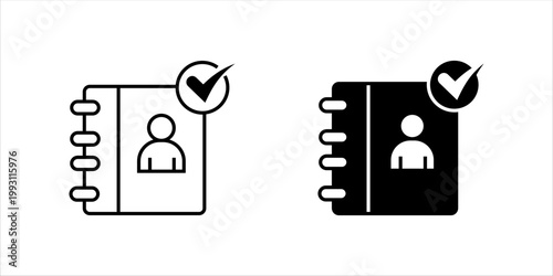 Minimal outline icon set. of address book with user profile and check mark representing verified contact or approved account.