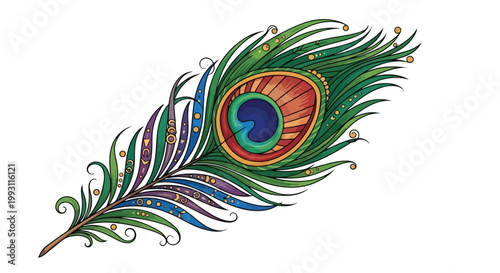 Decorative peacock feather illustration with intricate patterns and vibrant colors for Diwali and Indian cultural celebrations isolated on white background vector art