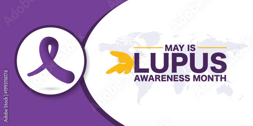 May is lupus awareness month design featuring white butterfly icon on purple gradient background with stethoscope for systemic lupus erythematosus advocacy and medical information	