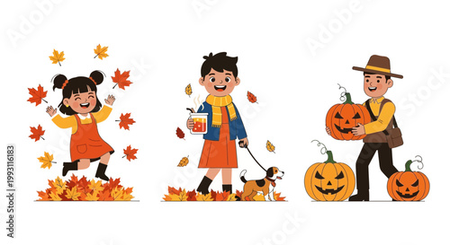 Flat design vector illustration of autumn celebration characters enjoying fall season lifestyle activities with warm sunlight
