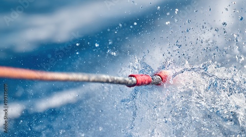 tow. A taut ski tow rope and water droplets in focus against a blurred background. public awareness campaigns, NGO reports, designed for public awareness campaigns and NGO communications.