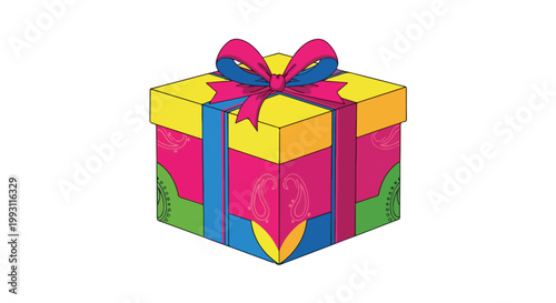 Colorful Diwali gift box illustration with traditional Indian patterns and a bright pink ribbon bow isolated on white background for festive celebration and holiday greetings