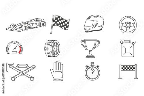 Collection of racing sport themed icons including a car flag helmet and trophy