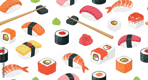 Seamless pattern of assorted fresh sushi rolls and sashimi with chopsticks.