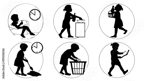 Vector set of kids daily routine silhouette icons showing various activities