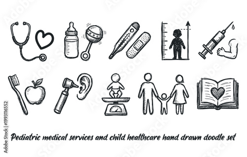 Pediatric medical services and child healthcare hand drawn doodle set