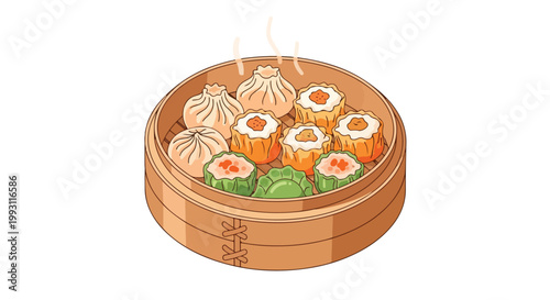 Steaming bamboo basket filled with assorted traditional Chinese dim sum dumplings.