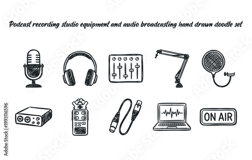Podcast recording studio equipment and audio broadcasting hand drawn doodle set
