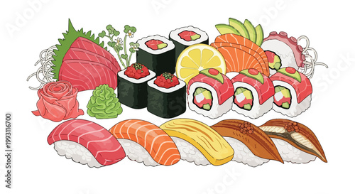 Assorted Japanese Sushi Platter with Tuna Salmon and Eel Nigiri.