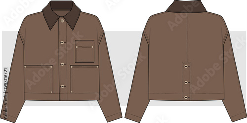 Unisex Short Cargo Jacket, workers jacket fashion technical drawing illustration, vector. front and back view, men women casual jacket. cad, mockup. 
