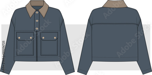 Unisex Short Jeans Cargo Jacket fashion technical drawing illustration. front and back view, men women worker, blue jeans casual jacket. cad, mockup. 