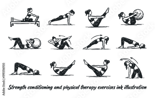Strength conditioning and physical therapy exercises ink illustration