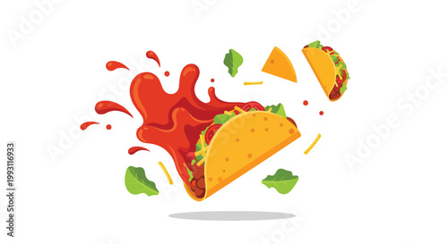 Dynamic Illustration of Delicious Mexican Tacos with Flying Ingredients and Salsa Splash.