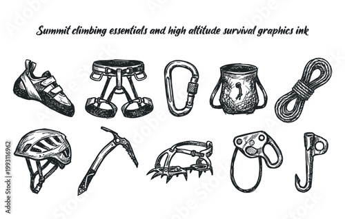 Summit climbing essentials and high altitude survival graphics ink