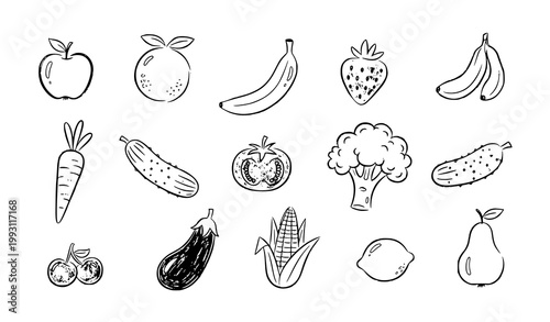 Hand drawn fruits and vegetables crayon doodle set simple food drawings
