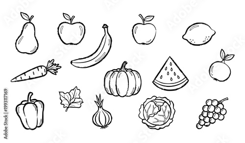 Simple crayon fruits and vegetables doodle hand drawn food vector set