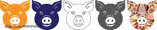 Pig heads in different styles and colors  smiling animal faces