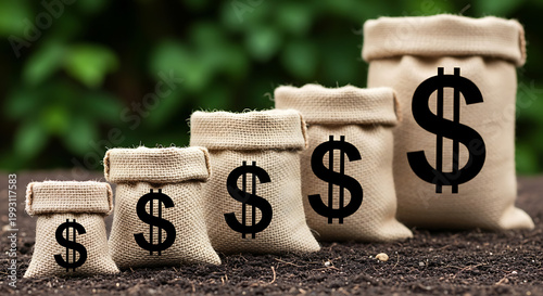 A row of burlap sacks with dollar signs on them sitting on the ground in front of a green background