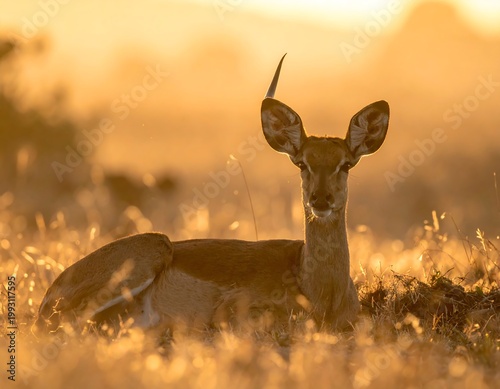 Deer resting in grassy field landscape.