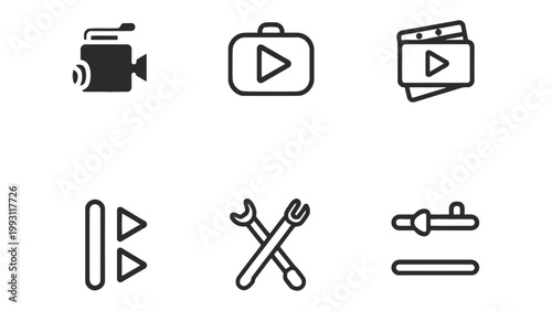 Video Icons: A collection of sleek video-themed icons that represent media elements like a camera, play button, video reel and more. 