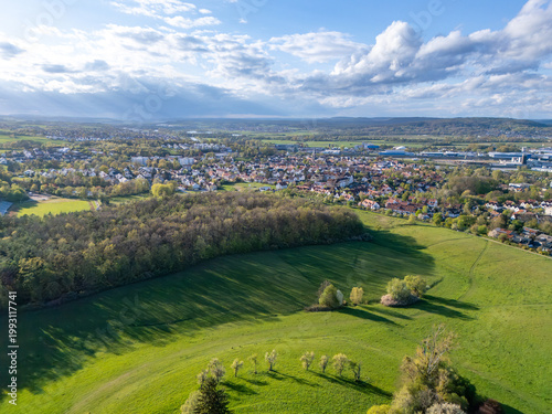 Aerial view of Bamberg town and green fields