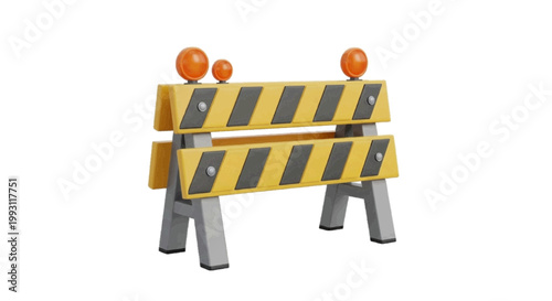 Vector illustration of 3d illustration of a yellow and black construction road barrier on a transparent background
