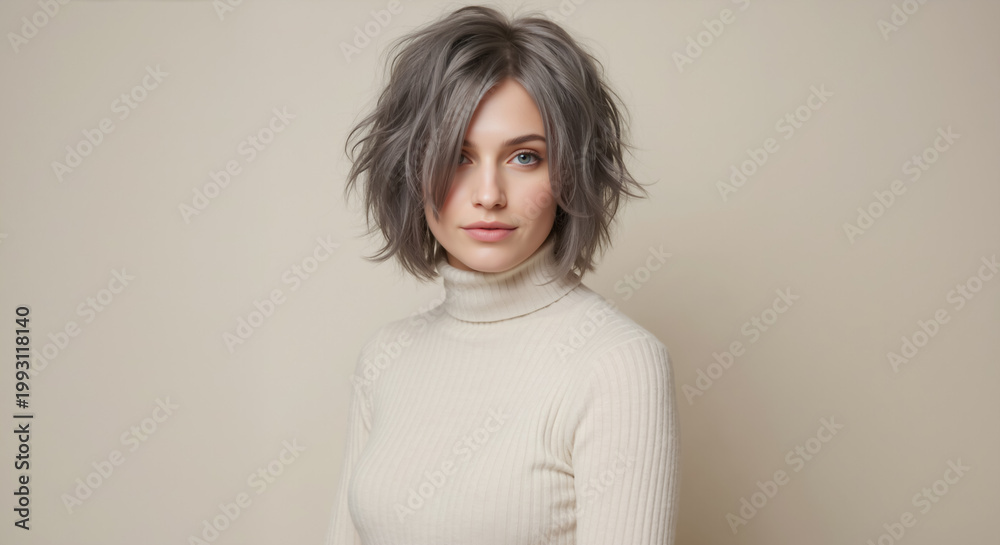 Obraz premium Young woman with short messy grey hair wearing a turtleneck. Fashion portrait on beige