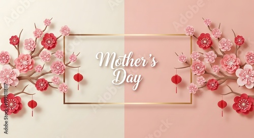 Mothers day greeting card with paper cut flowers and hanging lanterns on a two tone pastel background