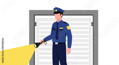 Police officer with flashlight standing guard.