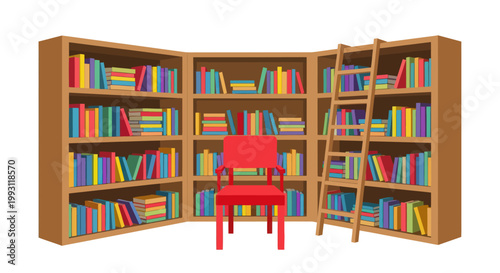 Red chair in front of bookshelves.