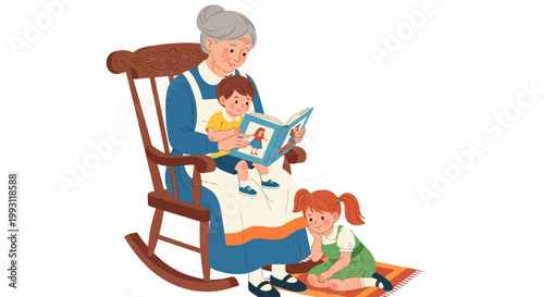 Woman reading to two little girls.