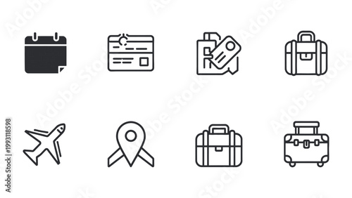 Travel Icon Collection: An array of streamlined travel icons, expertly crafted to capture the essence of journeys and exploration, perfectly suited for websites, apps, and various creative projects.