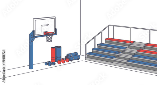 Basketball hoop with stand and balls.