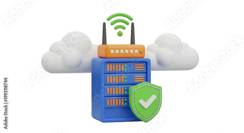 Vector illustration of 3d illustration of a secure server rack with wifi router and clouds on a transparent background