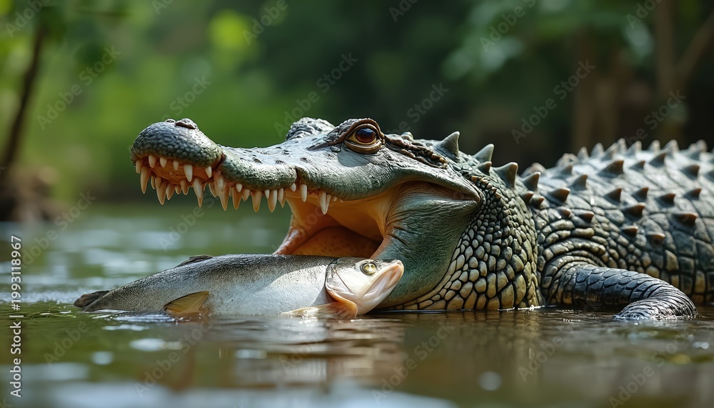 Fototapeta premium Large crocodile with open jaws eats caught fish in murky water. Reptile shows sharp teeth scales. Fierce hunter in natural river habitat, wild animal nature closeup shot.