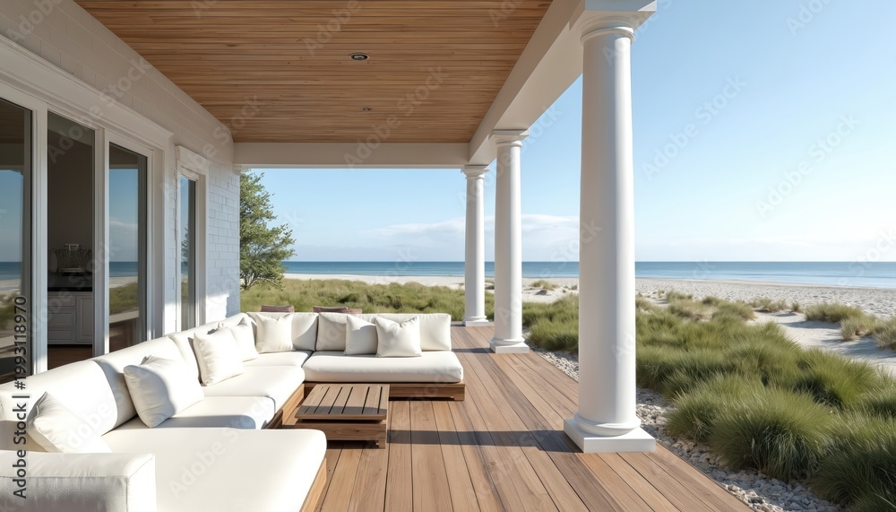 Fototapeta premium Modern coastal veranda with white sectional sofa and wood deck overlooks beach and ocean. Luxury home patio with pillars offers serene sea view. Outdoor living space invites relaxation.