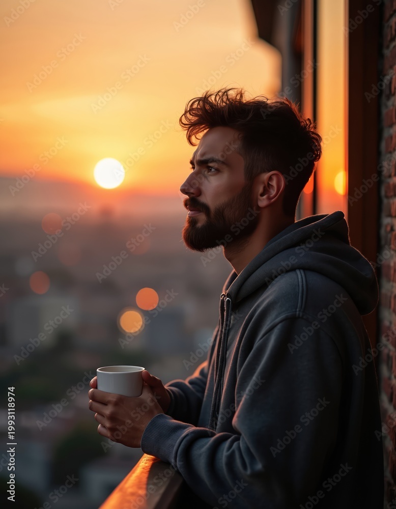 Naklejka premium Man drinks hot beverage from mug on balcony watching sunset over city buildings. Calm guy in hoodie enjoys twilight leisure, peaceful contemplation, quiet evening atmosphere, cozy warmth, city view,