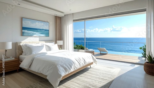 Luxurious Bedroom with Ocean View and Modern Decor.