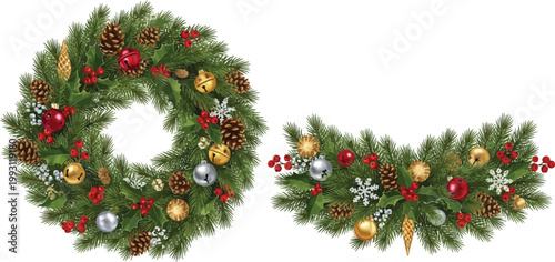 Christmas wreath and garland with pine cones holly berries bells and snowflakes