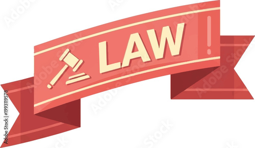Law, justice, gavel icon, red banner, legal symbol, vector label