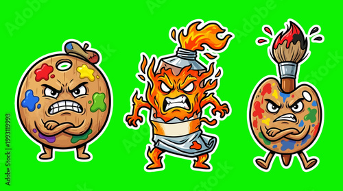 Angry Artistic Trio - Palette, Paint Tube, and Brush Characters.