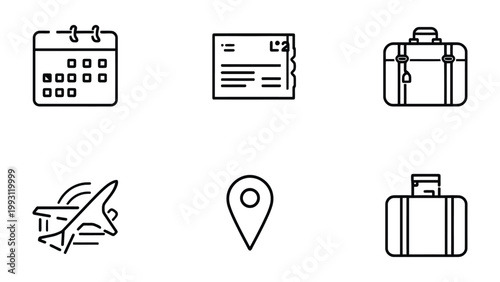 Travel Essentials: A curated collection of travel essentials, presented as clean, minimalist icons. The set encapsulates the essence of journey.