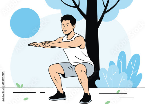 Man Performing Squat Exercise Outdoor Fitness Illustration